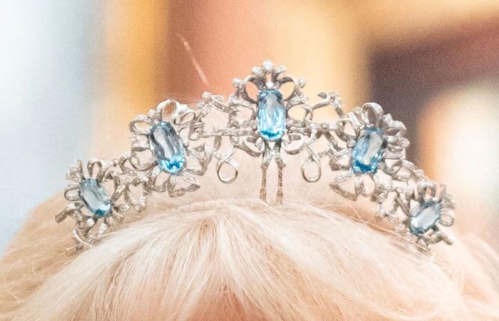 Queen Camilla wears the very rare Queen Elizabeth II aquamarine tiara to honor the diplomatic corps