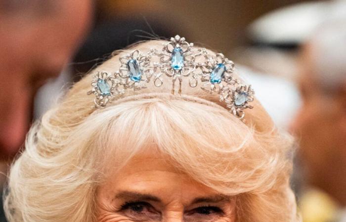 Queen Camilla wears the very rare Queen Elizabeth II aquamarine tiara to honor the diplomatic corps