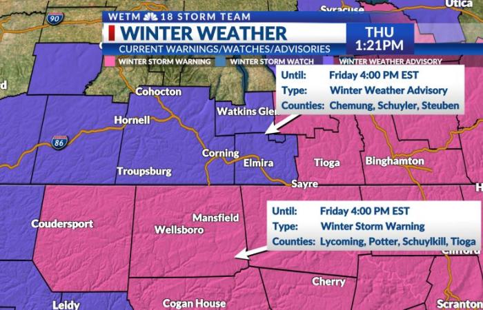 Winter Storm Warning and Winter Weather Advisories issued for the Twin Tiers