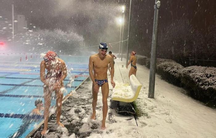 Snow in Alsace: “Nordic” bath and snowball fight for swimmers from Mulhouse Olympique Natation