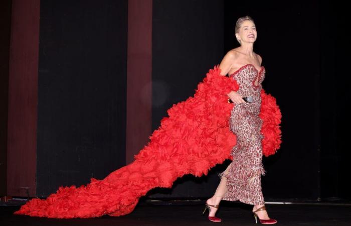 Sharon Stone draped herself in 3,000 red flowers to receive an award in Turin