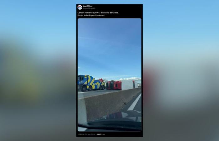 Impressive images of a truck lying on the A47 after strong wind gusts near Lyon