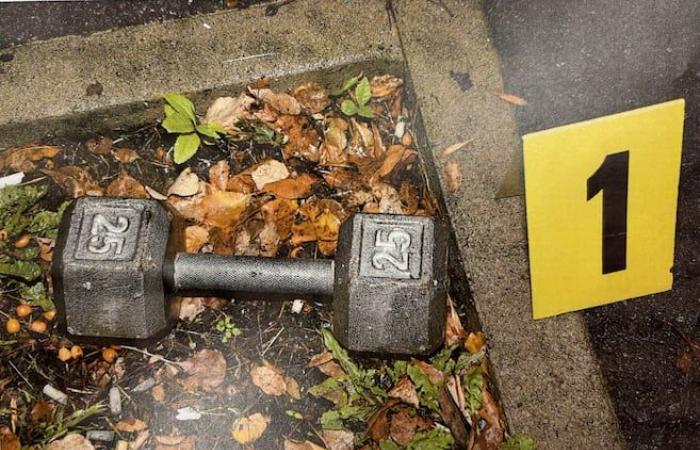 He throws a 25-pound dumbbell at a complete stranger’s head