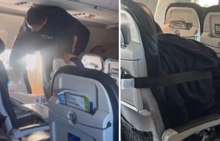 Passenger attacks his own plane seat and has to be strapped in