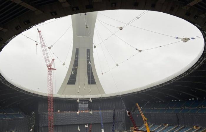 The roof of the Olympic Stadium almost completely dismantled