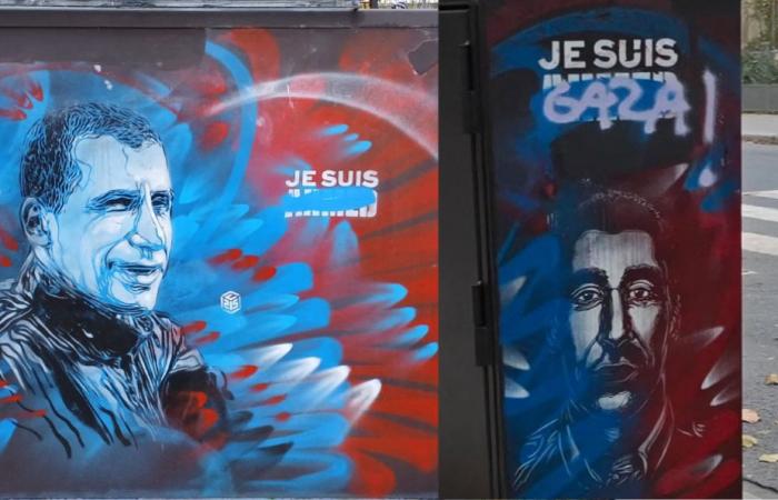 in Paris, a tag “I am Gaza” covered the tribute fresco of a murdered police officer