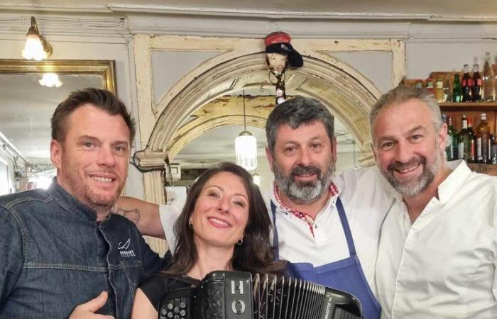 Accordion and Lyonnais corks: Nathalie Bernat alongside the chefs