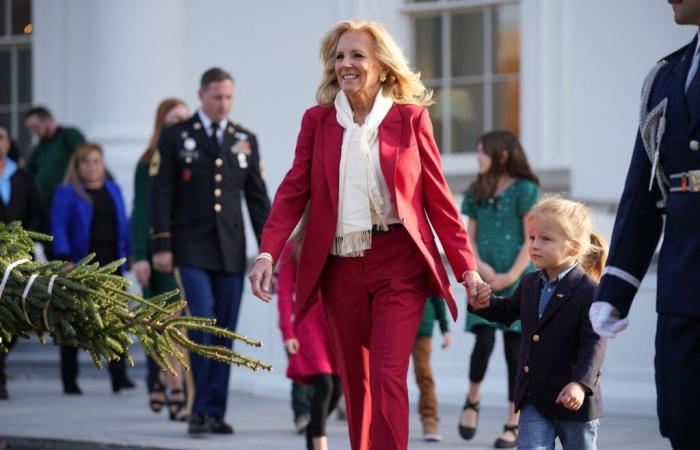 Jill Biden and her grandson Beau welcome the White House Christmas tree