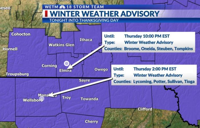 A winter weather advisory is in effect for counties in purple