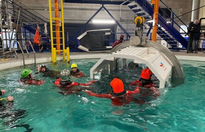 Northern firefighters train in a swimming pool to intervene in the event of a disaster at sea