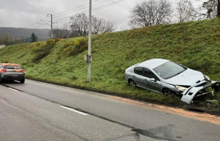 Swore. He loses control of his vehicle and ends up in the embankment