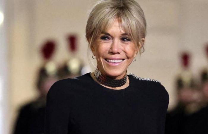 Brigitte Macron at the height of chic in a long slit dress and metal choker for a state dinner