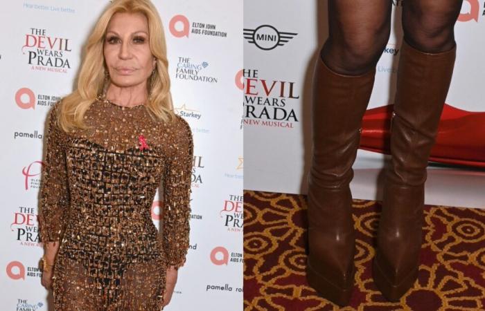 Donatella Versace Brings Glamour In Sheer Dress and Chocolate Brown Platform Boots to ‘The Devil Wears Prada: The Musical’ London Premiere