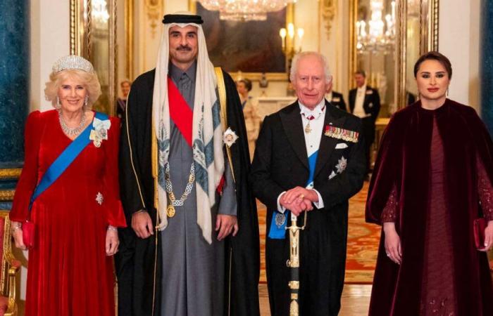 King Charles III carries the Founder's Sword of Qatar and Emir Tamim wears the Order of the Bath at the State Banquet at Buckingham