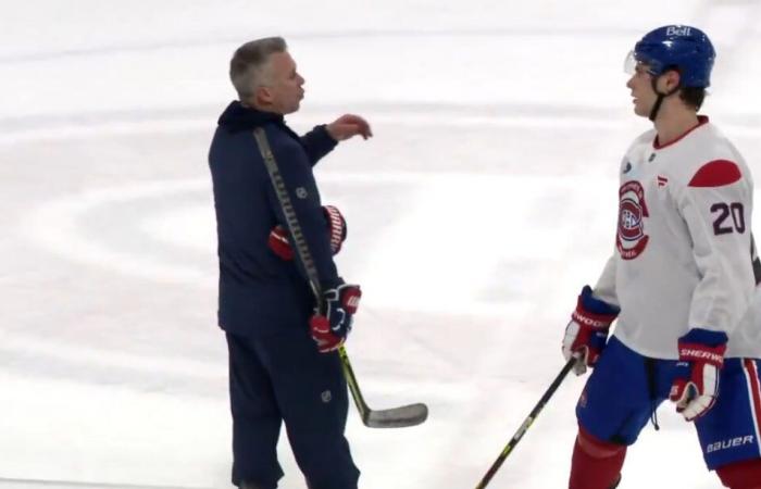 Long discussion between Juraj Slafkovsky and Martin St-Louis in training this morning