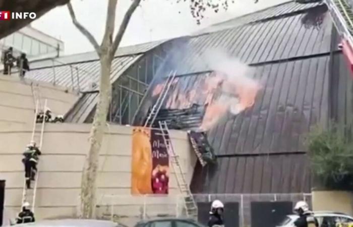 A fire in progress on the roof of a church in Montpellier