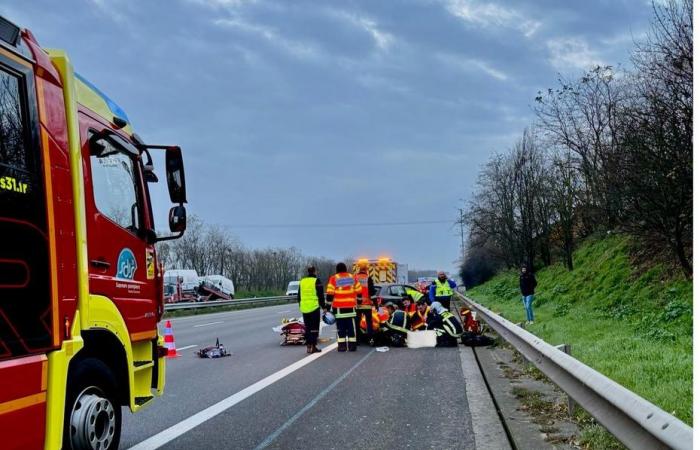 Motorcycle driver in serious condition after multi-vehicle collision, car catches fire, highway cut