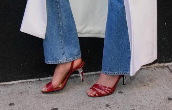 Bella Hadid Sees Red in Scarlet Sandals With Bedazzled Heels at an Orabella Perfume Pop-Up in New York