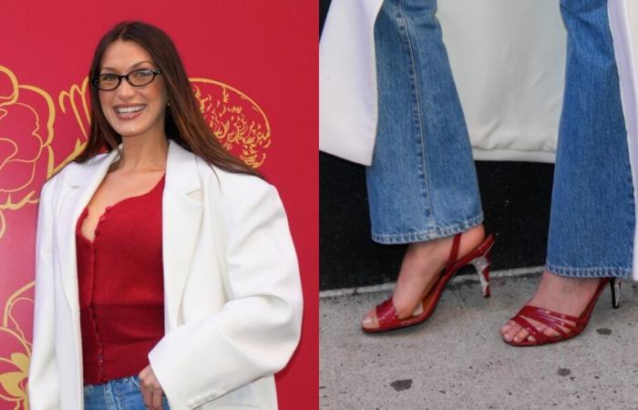 Bella Hadid Sees Red in Scarlet Sandals With Bedazzled Heels at an Orabella Perfume Pop-Up in New York