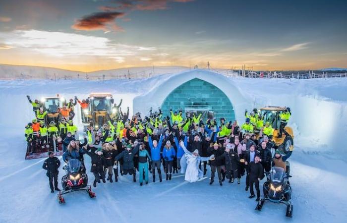 A local sculptor works on the most prestigious ice hotel