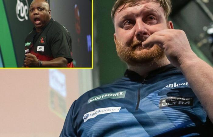 Emotional scenes as Fallon Sherrock’s boyfriend Cameron Menzies sheds tears on stage during shock defeat to world No.130