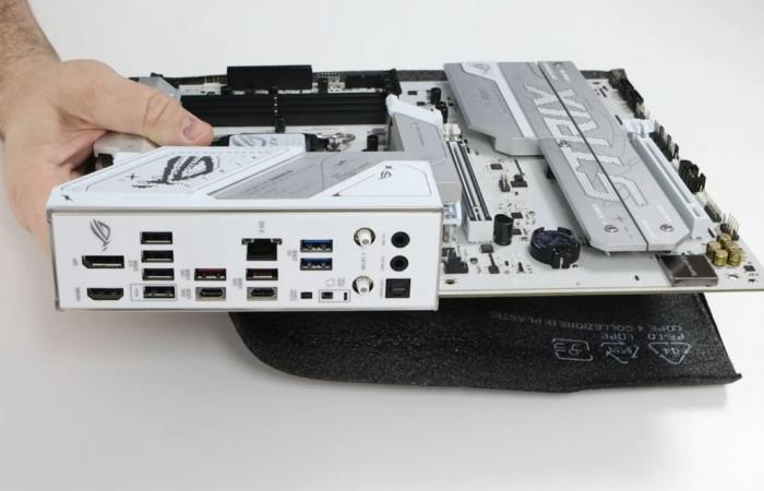 A white motherboard with 10 USB ports at a low price