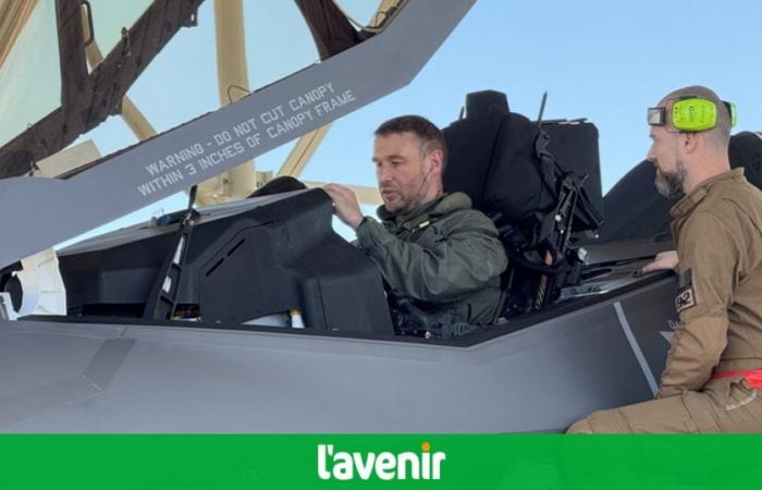 A pilot from Florennes air base at the controls of the first flight of a Belgian F-35 in Arizona