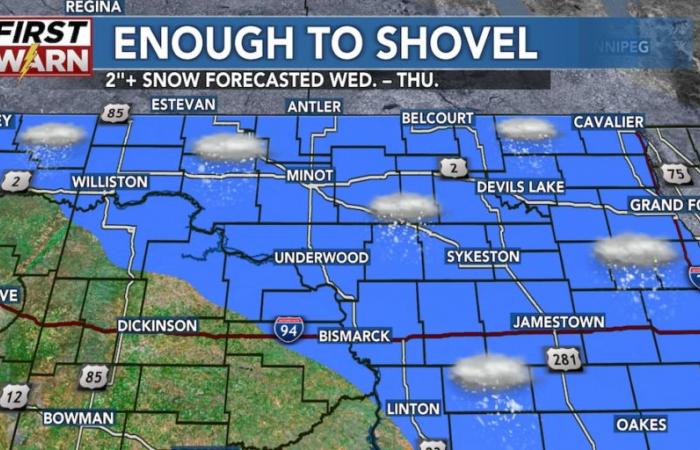 Impactful clipper system brings snow and strong winds to ND through Thursday