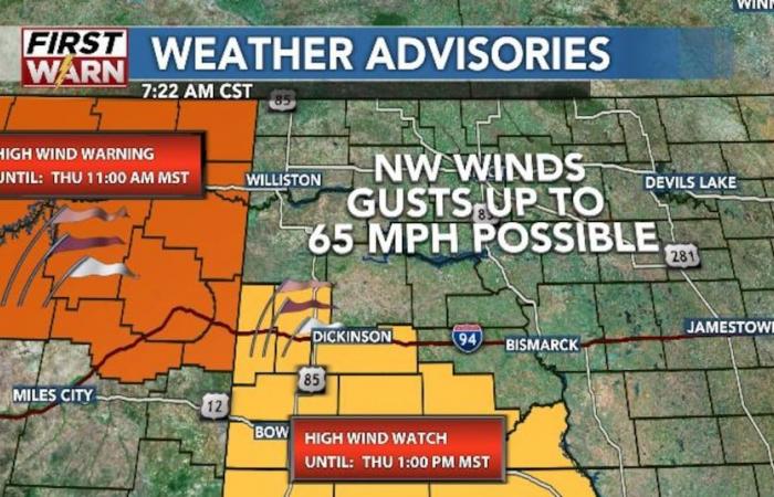 Impactful clipper system brings snow and strong winds to ND through Thursday