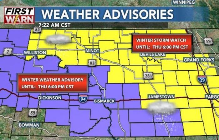 Impactful clipper system brings snow and strong winds to ND through Thursday