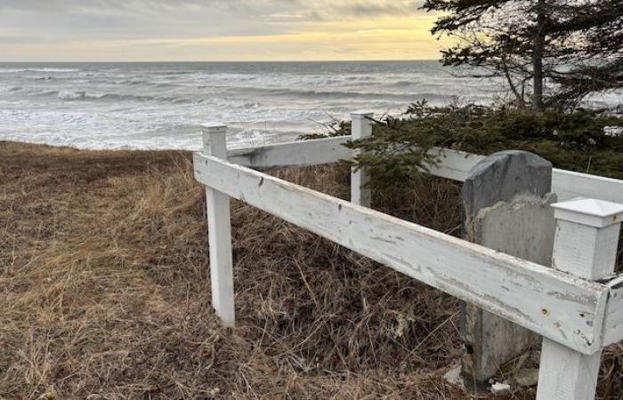 Bank erosion threatens a small cemetery in Minganie