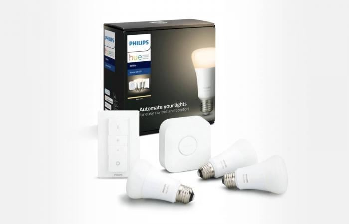 This Philips Hue pack of 3 connected bulbs + connection bridge + dimmer is €59.99