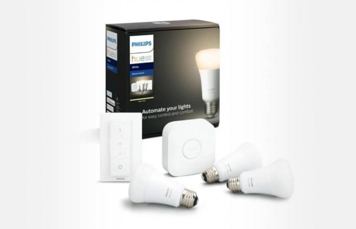 This Philips Hue pack of 3 connected bulbs + connection bridge + dimmer is €59.99