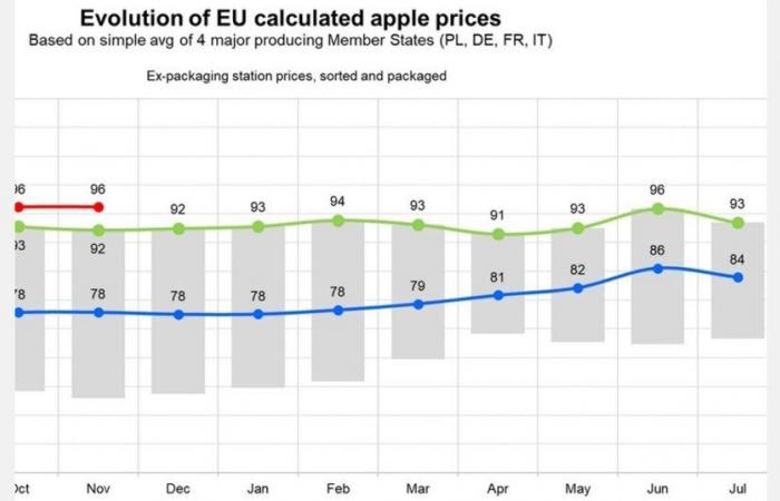 EU apple prices increased by 4.3% year-on-year in November 2024, with regional variations