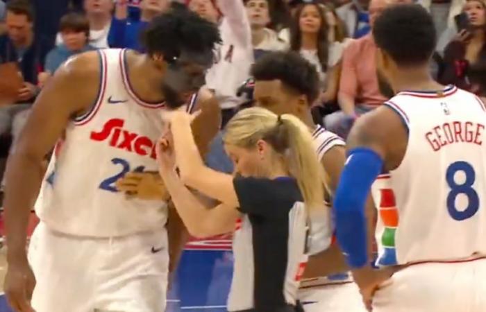 Masked Joel Embiid rips off face protection after furious confrontation with female referee