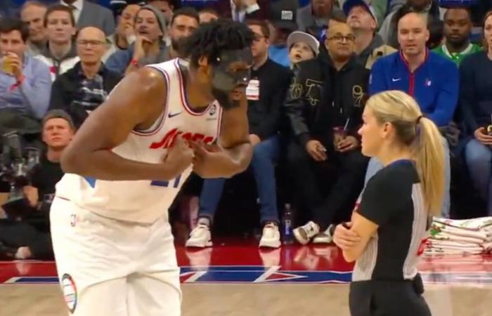 Masked Joel Embiid rips off face protection after furious confrontation with female referee