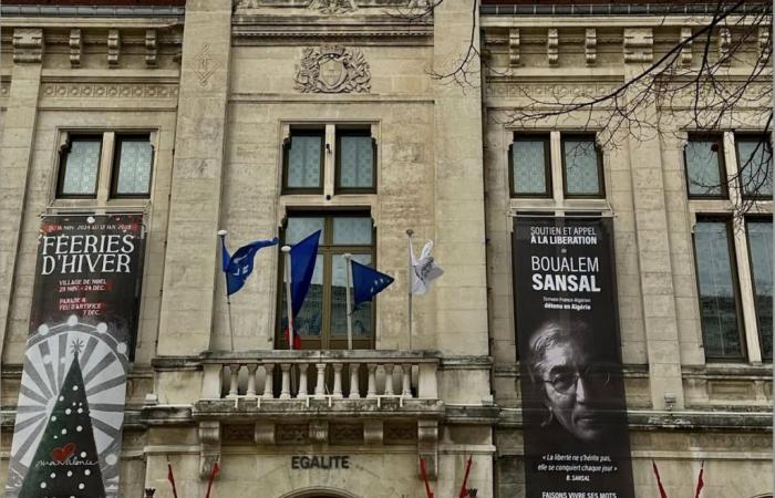 Drome. The portrait of the writer Boualem Sansal is displayed on the town hall of Valence