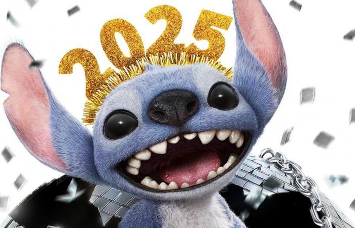 Stitch celebrates the new year 2025 on a new Lilo & Stitch poster