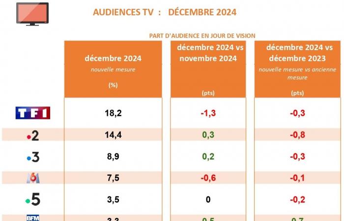 TV audiences December 2024: TF1 remains leader, France TV progresses, BFMTV regains its leadership of news channels