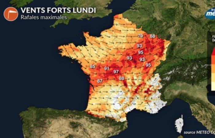 Gale and strong winds Monday at 100 km/h in France