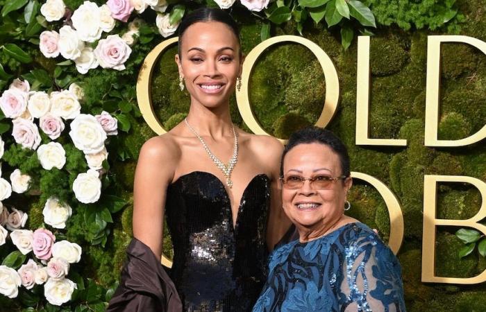 Zoe Saldaña walks the Golden Globes red carpet with mom, wins for ‘Emilia Pérez’