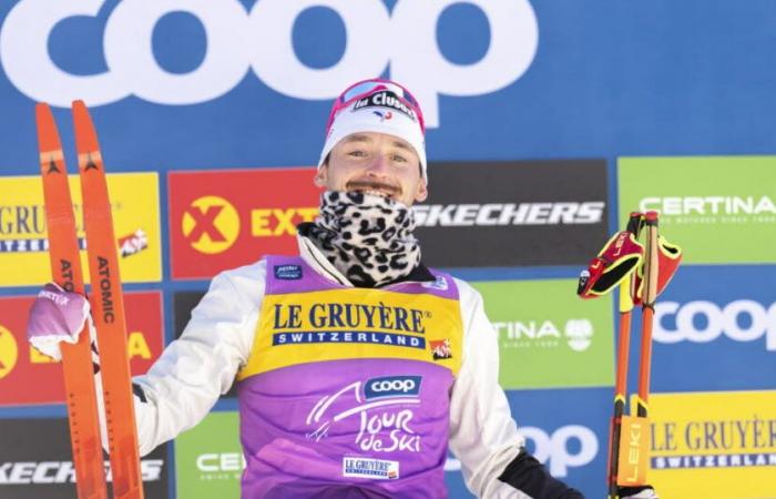 Cross-country skiing – Ski tour. The podium and the best climber jersey: Hugo Lapalus taking on Alpe Cermis