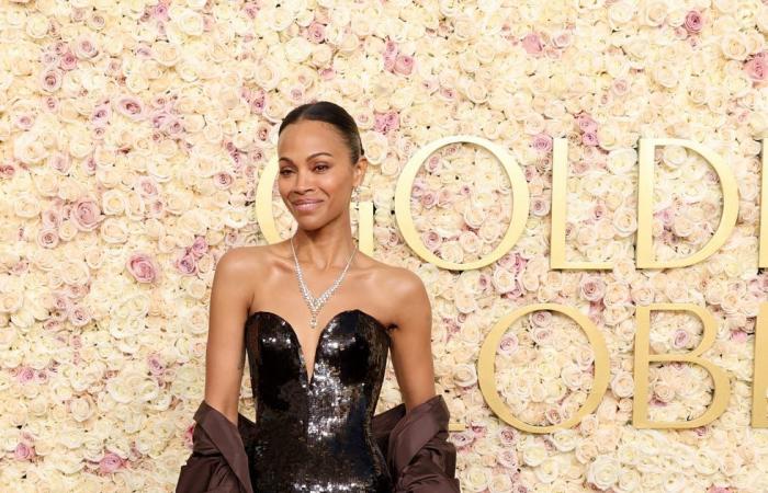 Zoe Saldaña Sparkles in a Brown Sequined Gown at the 2025 Golden Globes