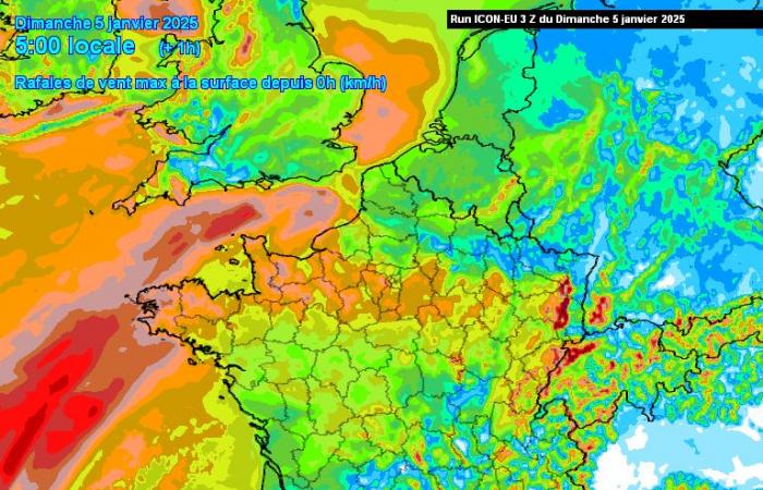 gusts to 130 km/h predicted, according to weather models