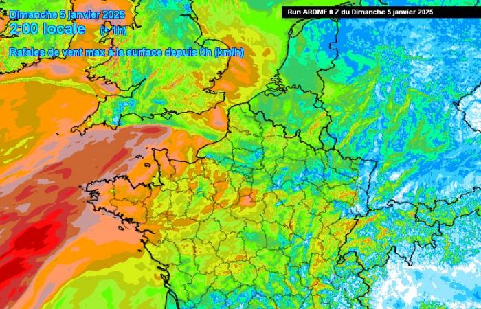 gusts to 130 km/h predicted, according to weather models