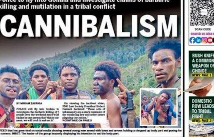 Cannibals on the front page of the newspaper, licking human remains