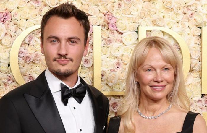 Pamela Anderson is Makeup-Free at Golden Globes with Son Brandon