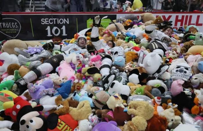 More than 102,000 stuffed animals on the Hershey Bears ice and 45 minutes to collect it all