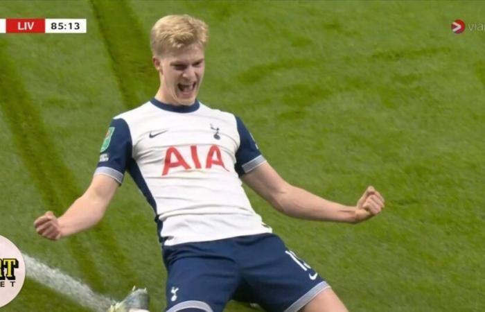 Lucas Bergvall buteur of Tottenham against Liverpool