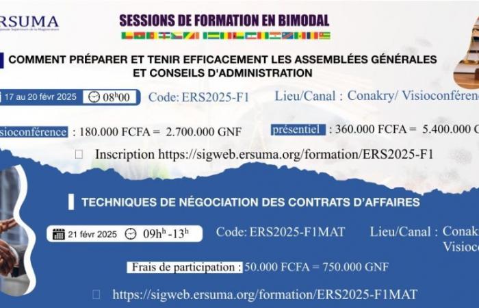 Bimodal training sessions: “Legal secretariat of limited companies: how to effectively prepare and hold general meetings and boards of directors”, from February 17 to 20, 2025 in Conakry (Guinea)